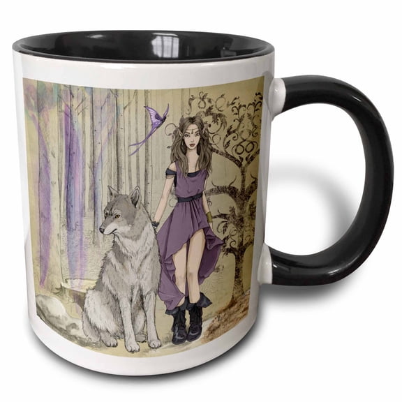 3drose, Fantasy Elf with Wolf Wolves Moon, 11oz Two-tone Black Mug