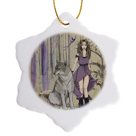 3drose, Fantasy Elf with Wolf Wolves Moon, 3 inch Snowflake Porcelain Ornament