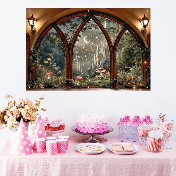 Fantasy Enchanted ForestCastle Window Backdrop, Magical Fairy Forest Moon Mural Photo Backdrop Tapestry for Party Photoshoot Home Wall Decor 6040 IN