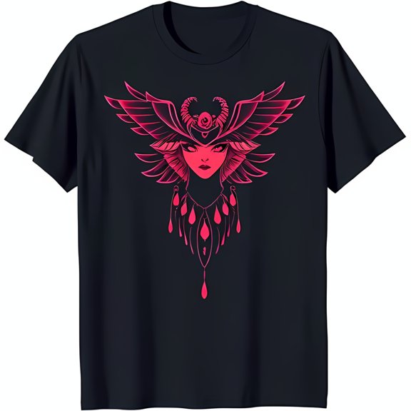 Fantasy Ethereal Woman with Wings Graphic Black T-Shirt Bold Pink Design