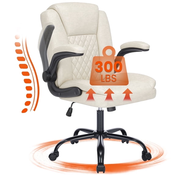 Fantasylab Executive Ergonomic 300LBS PU Leather Home Office Desk Chair, Computer Desk Chair with Adjustable Armrest,WHITE