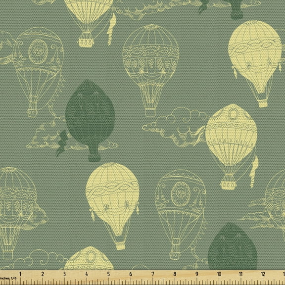 Fantasy Fabric by the Yard, Ornamental Hot Air Balloons and Clouds, Decorative Upholstery Fabric for Sofas and Home Accents, 3 Yards, Peacock Green Yellow by Ambesonne
