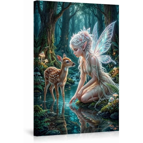 Fantasy Fairy and Deer Canvas Wall Art Poster Enchanted Forest Magical Creature Pictures for Living Room Bedroom Home Decor Serene Aesthetic Room Artwork