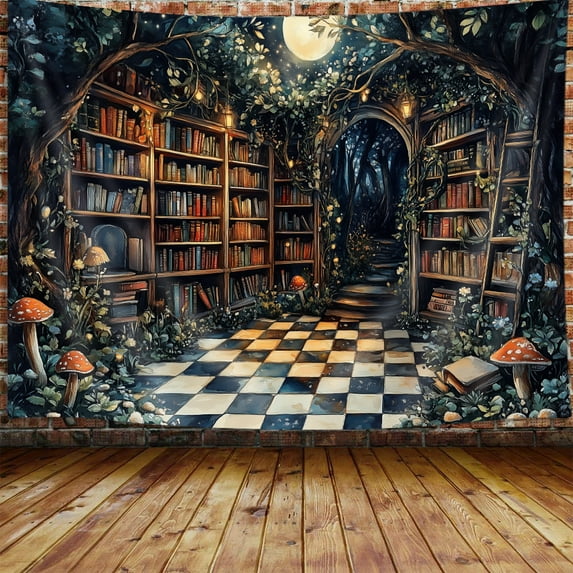 Fantasy Fairy Forest Tapestry Aesthetic, Witchy Mushroom Moon Vintage Library Nature Tapestry Wall Hanging for Bedroom, Dark Retro Magical Bookshelf Tapestries Poster Dorm Home Decor 60X40Inches