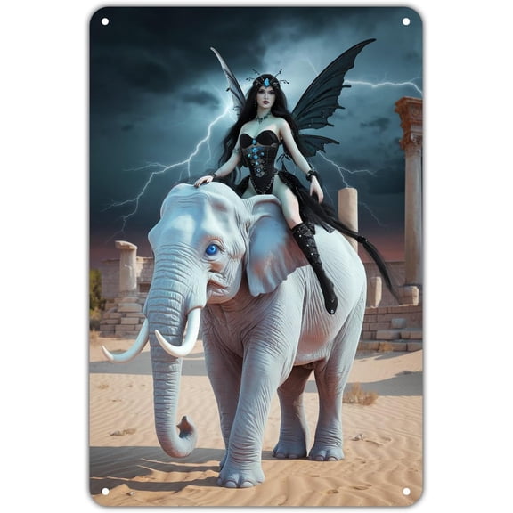 Fantasy Fairy Riding Elephant Vintage Metal Tin Sign for Garden Yard Porch Garage Home Bedroom Kitchen Wall Decor, Easy to Hang, 8 x 12 Inch