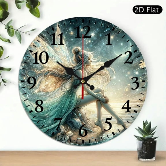 Fantasy Fairy Wall Clock, Dreamy Night Sky Illustration with Iridescent Wings, Round 10x10 Inch Decorative Silent Clock for Bedroom or Living Room, 1pc, Battery Not Included