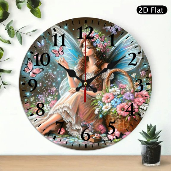 Fantasy Fairy Wall Clock with Floral Garden Design, 10x10 Inch Round Decorative Clock for Bedroom and Living Room, Battery Not Included, 1pc