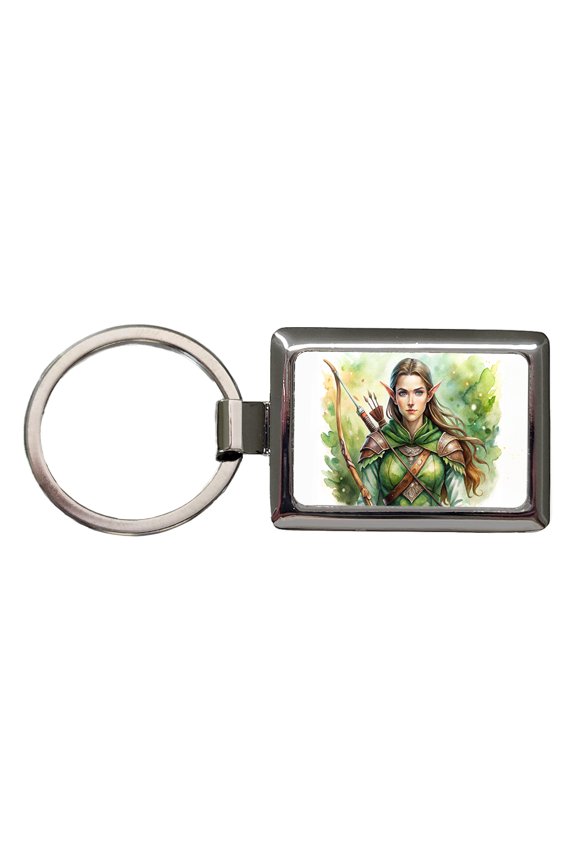 Fantasy Female Elven Ranger Watercolor Metal Rectangle Keychain