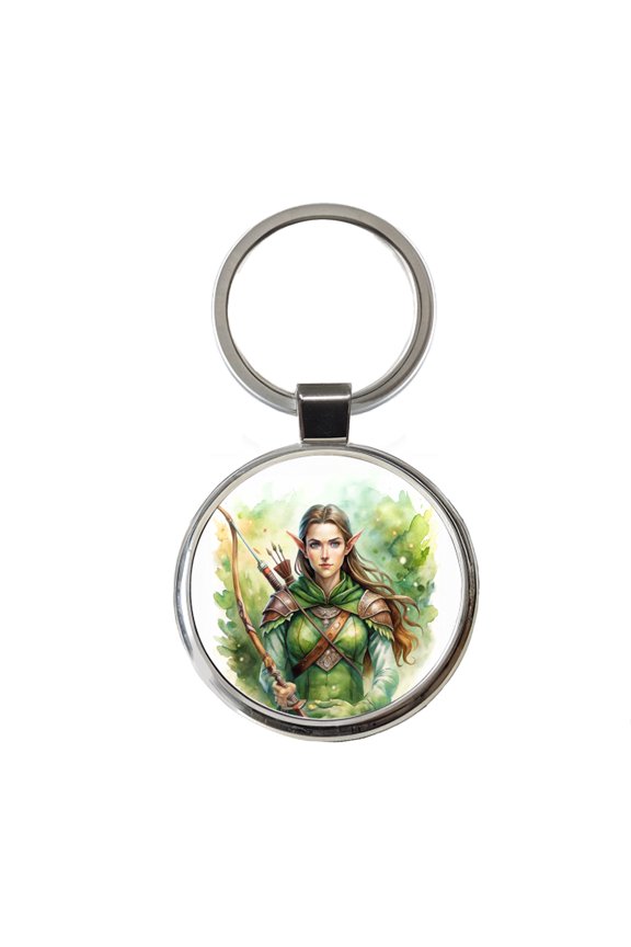 Fantasy Female Elven Ranger Watercolor Metal Round Keychain
