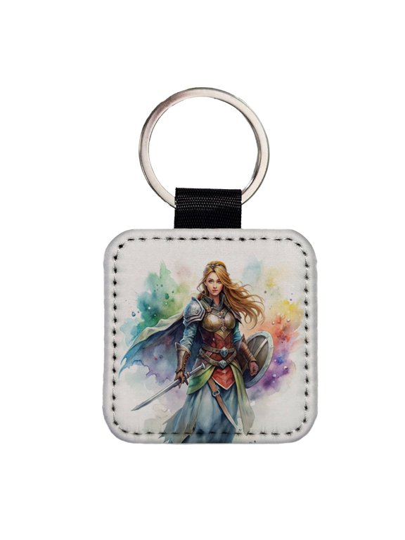 Fantasy Female Fighter Sword Shield-maiden Watercolor Faux Leather Square Keychain