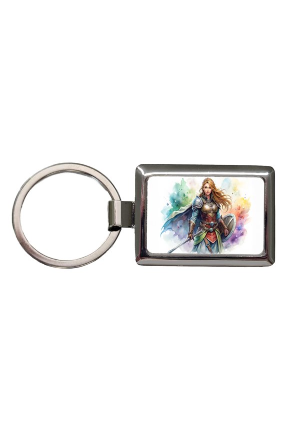 Fantasy Female Fighter Sword Shield-maiden Watercolor Metal Rectangle Keychain