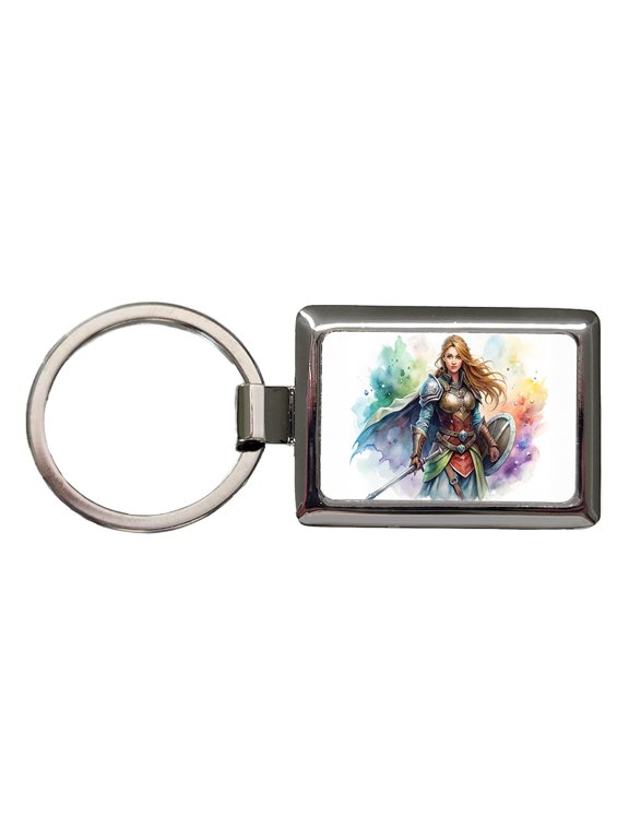 Fantasy Female Fighter Sword Shield-maiden Watercolor Metal Rectangle Keychain
