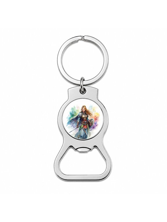 Fantasy Female Fighter Sword Shield-maiden Watercolor Portable Bottle Opener Metal Keychain