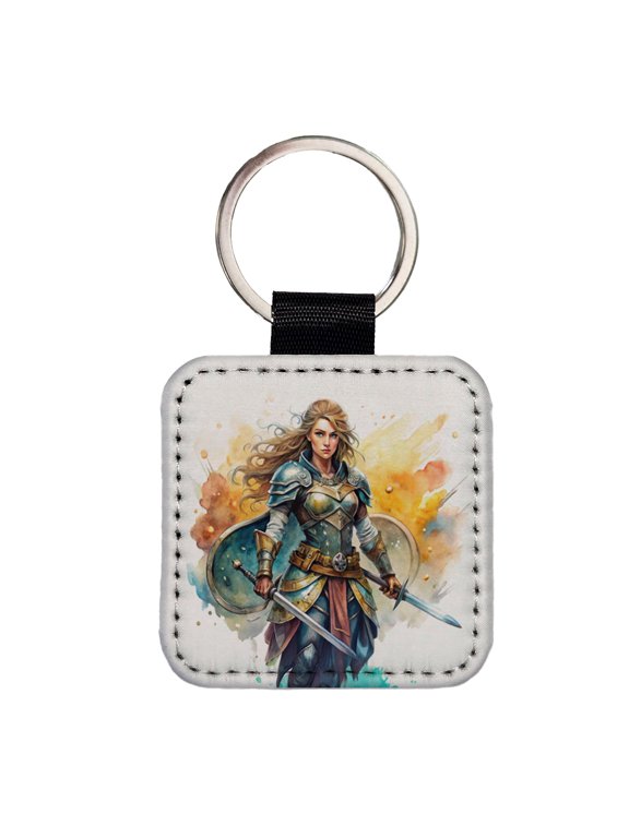 Fantasy Female Fighter Warrior Shield-maiden Watercolor Faux Leather Square Keychain