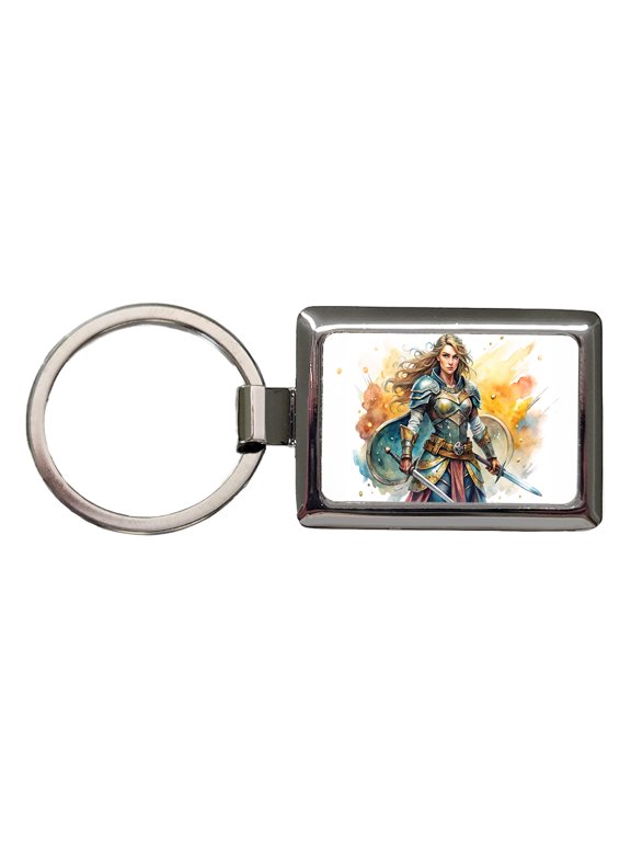 Fantasy Female Fighter Warrior Shield-maiden Watercolor Metal Rectangle Keychain