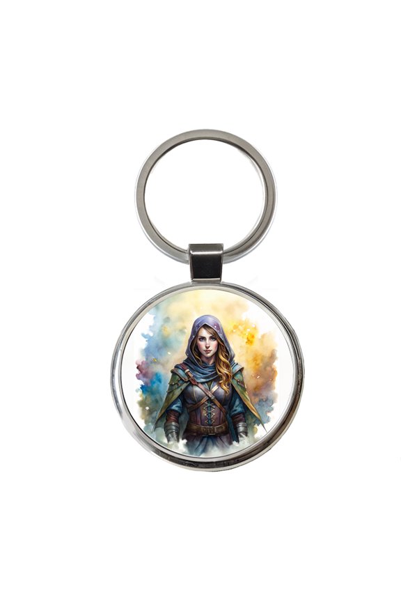 Fantasy Female Thief Rogue Watercolor Metal Round Keychain