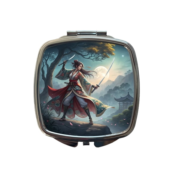 Fantasy Female Warrior Classic Japanese Anime Style Travel Makeup Handbag Purse Small Pocket Compact Mirror