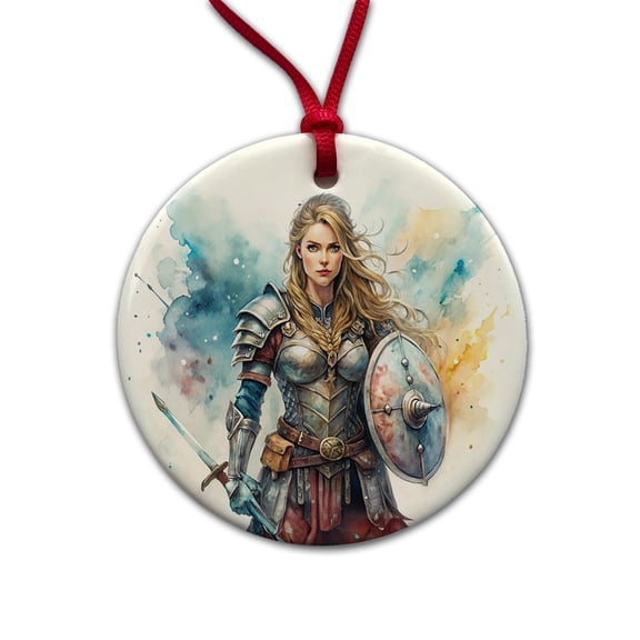 Fantasy Female Warrior Knight Watercolor Christmas Tree Holiday Round Ceramic Ornament