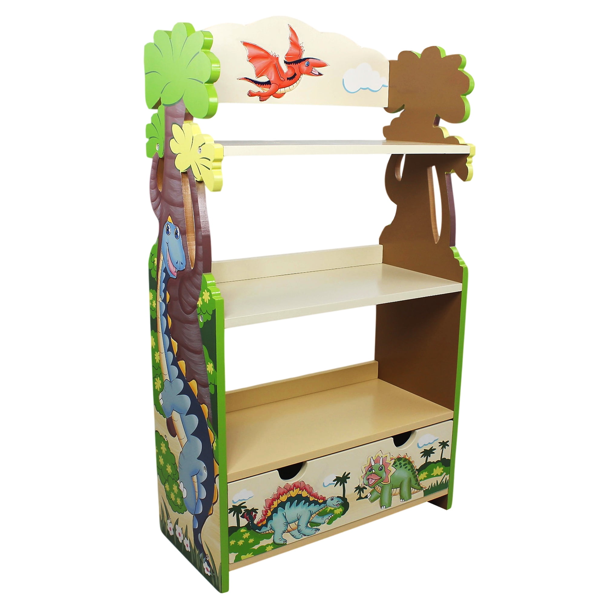 Dinosaur Kingdom Whimsical Kids' Wooden Bookshelf with Drawer