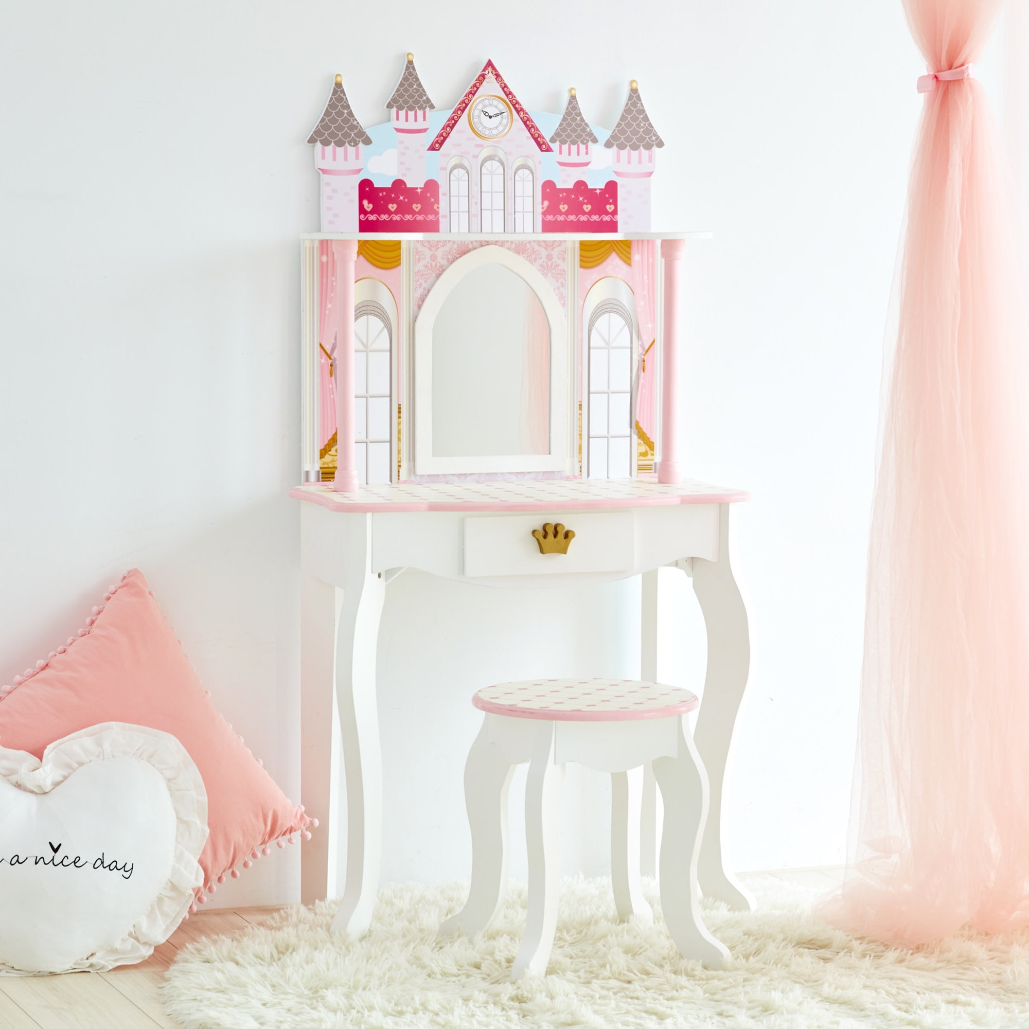 Teamson Kids Dreamland Castle Wooden Vanity Play Set with Stool & Mirror, Pink/White