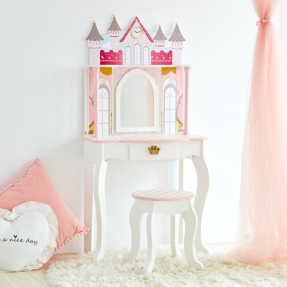 Teamson Kids Dreamland Castle Wooden Vanity Play Set with Stool & Mirror, Pink/White