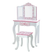 Fantasy Fields Gisele Giraffe Print Vanity Set with Tri-Fold Mirror and Chair, Pink/White