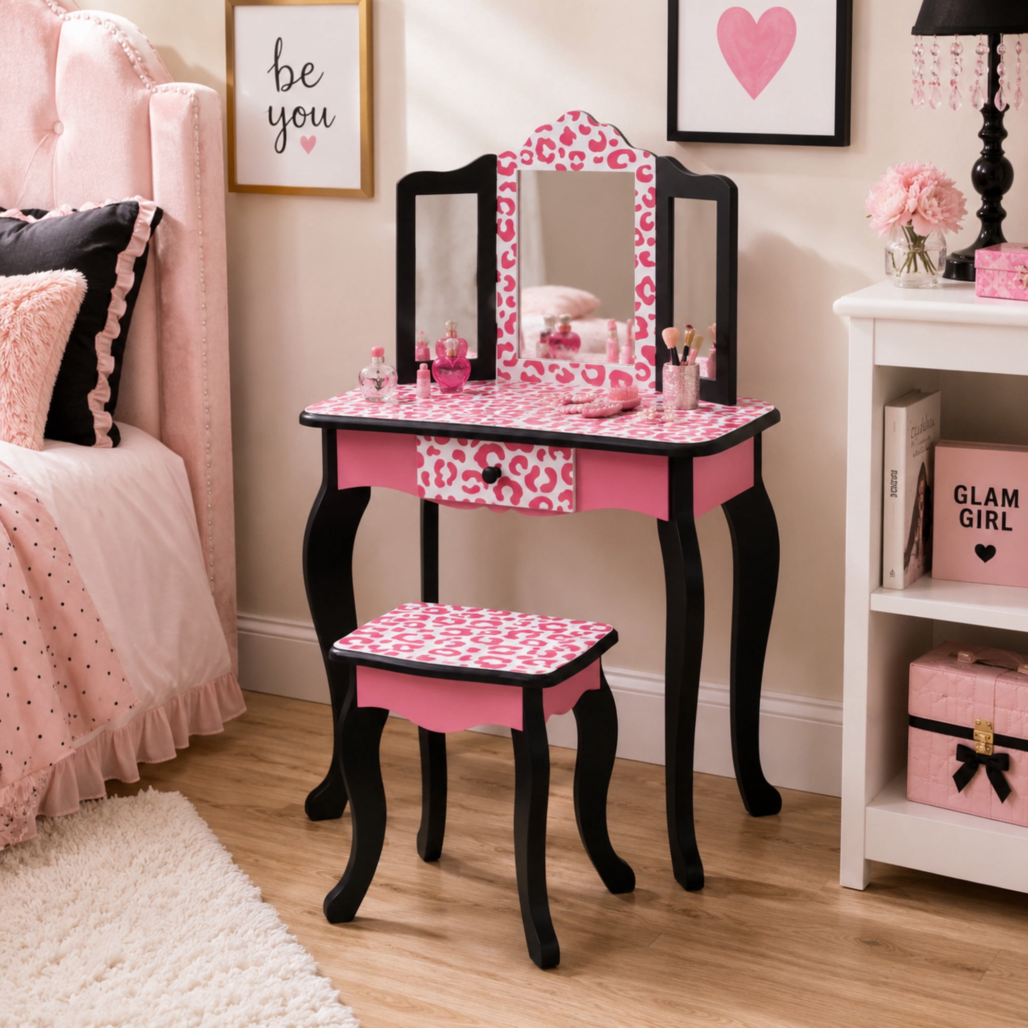 Teamson Kids, Vanity Table and Stool Set, Black, Pink Leopard