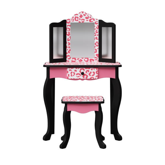 Fantasy Fields Kids Vanity Table Set with Mirror and Stool – Gisele Leopard Print, Black and Pink