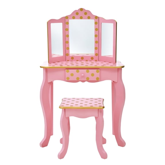 Fantasy Fields Gisele Princess Polka Dot Wooden Kids Play Vanity Set with Tri-Fold Mirror & Stool, Pink & Gold