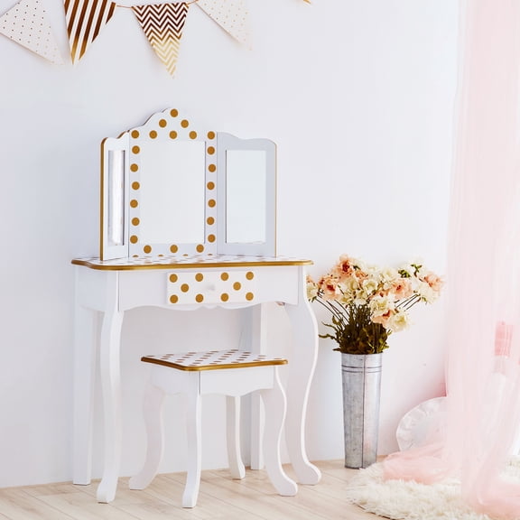 Fantasy Fields Gisele Princess Polka Dot Wooden Kids Play Vanity Set with Tri-Fold Mirror & Stool, White & Gold