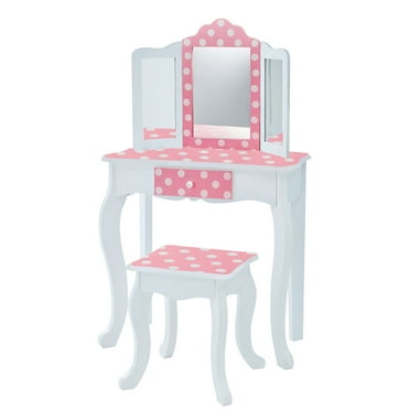 Fantasy Fields Kids Vanity Table & Stool Playset with Tri-Fold Mirror, Storage Drawer, White & Pink Polka Dot