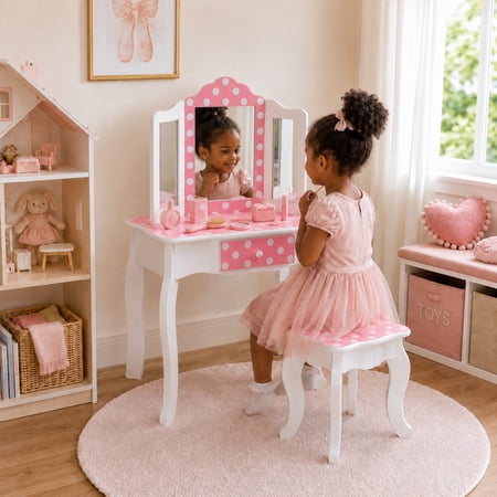 Fantasy Fields Gisele Polka Dot Wooden Kids Vanity Table & Stool Set
