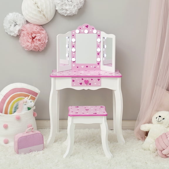 Kids Princess Vanity Table and Stool Set Fantasy Fields Gisele with Mirror, LED Lights, and Storage, Pink/White