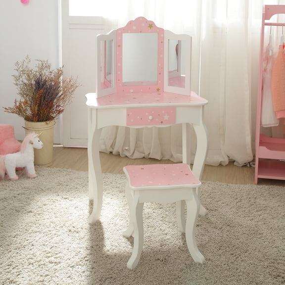 Fantasy Fields Princess Kids Vanity Table and Mirror Set with Stool – Gisele Twinkle Star, White/Pink