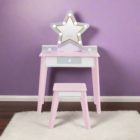 Fantasy Fields Little Princess Star Kids Wooden Vanity Set with LED Mirror, Storage Drawer & Stool