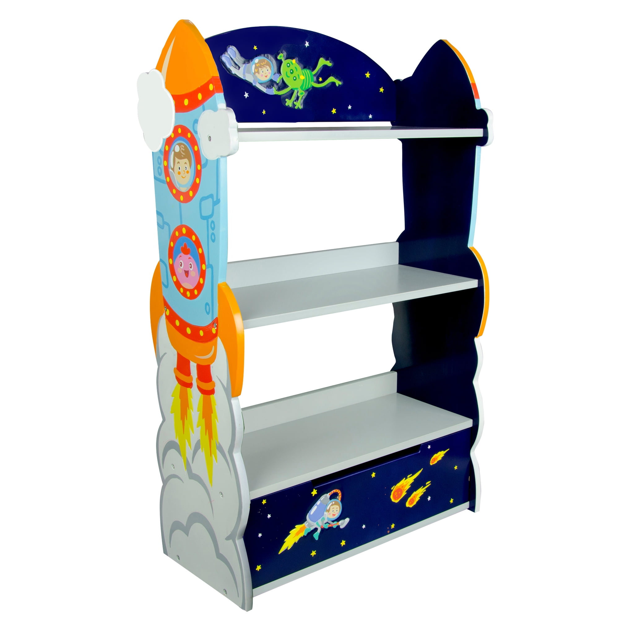 Outer Space Kids' Gray and Blue Wooden Bookshelf with Drawer