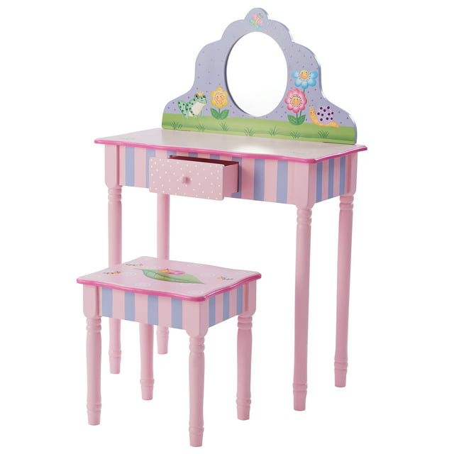 Fantasy Fields by Teamson Kids- Magic Garden Cute Children's Toddler Wooden Vanity Table Set/ Makeup Desk with Stool, Pink/Purple