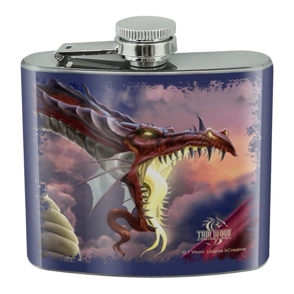 Fantasy Fire Breathing Dragon Flame On Stainless Steel 5oz Hip Drink Kidney Flask