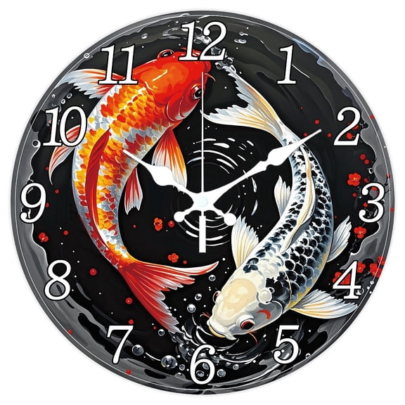 Fantasy Fish Wall Clock 12 Inch Oriental Style Clock Battery Operated Silent Non Ticking Yin and Yang Fish Round Decorative Clocks