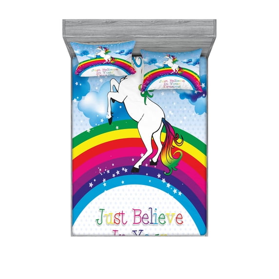 Fantasy Fitted Sheet & Pillow Sham Set, Unicorn Surreal Myth Creature Before Rainbow Clouds Star Fantasy Girls, Decorative Printed 6 Piece Bedding Decor Set, Full, Multicolor, by Ambesonne