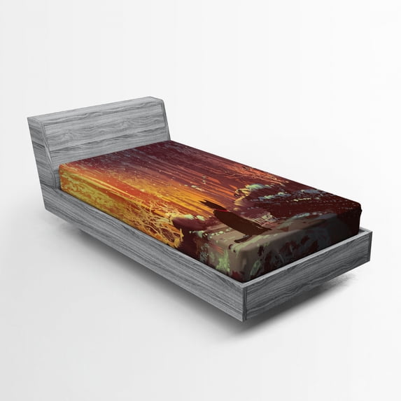 Fantasy Fitted Sheet, Surreal Lost Black Cat Deep Dark in Forest with Mystic Picture Artwork Print, Soft Decorative Fabric Bedding, Twin Size, Orange Brown, by Ambesonne