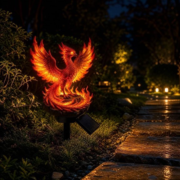 Fantasy Flaming Phoenix Solar Powered Stake Lamp, Luminous Fire Phoenix Statue Waterproof Outdoor Lawn Patio Decor