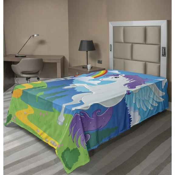 Ambesonne Fantasy Flat Sheet, Unicorn with Rainbow, Twin Size, Multicolor