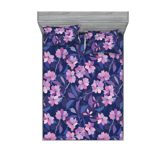 Fantasy Floral Fitted Sheet & Pillow Sham Set, Night Time Garden Flowers with Neutral Colors Boho Petals Print, Decorative Printed 3 Piece Bedding Decor, Calking, Indigo Pale Pink Mauve, by Ambesonne