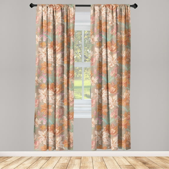 Fantasy Floral Window Curtains, Modern Color Palette Flowers Boho with Leaves Greenery Print, Lightweight Decor 2-Panel Set with Rod Pocket, Pair of - 28"x63", Apricot Pale Peach Blush, by Ambesonne