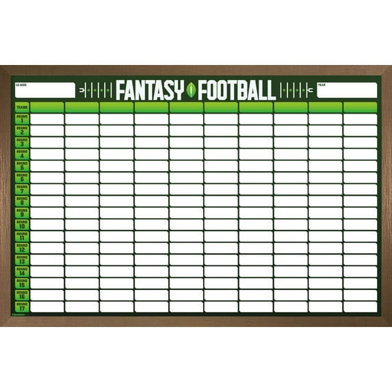 Fantasy Football 10 Team Draft Board Wall Poster, 14.725" x 22.375" Framed
