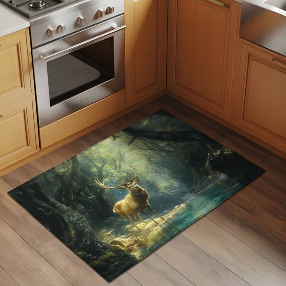 Fantasy Forest Animal 2x3 Rug for Entryway Front Door Kitchen Sink Area, Retro Deer Lakes Creek Water Low Pile Washable Non Slip Rectangle Area Rug