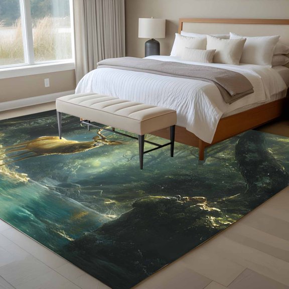 Fantasy Forest Animal 6x9 Rug for Dining Room Table and Chair Setup, Retro Deer Lakes Creek Water Low Pile Washable Non Slip Rectangle Area Rug