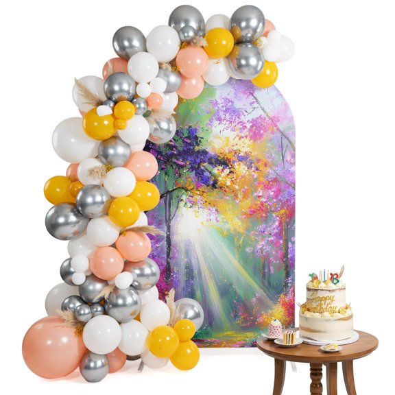 Fantasy Forest Arch Backdrop Cover 4FT Sunlight Trees Flower Path Woodland Spandex Fitted Arch Covers Stretchy Backdrop Decoration for Wedding Birthday Graduation Party
