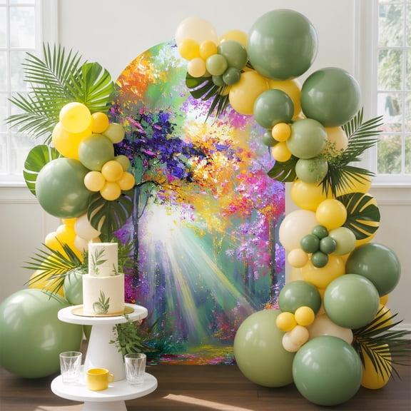 Fantasy Forest Arch Backdrop Cover, 5FT, Sunlight Trees Flower Path Woodland Spandex Arch Covers Double-Sided Backdrop for Wedding Birthday Party Photo Background Decoration